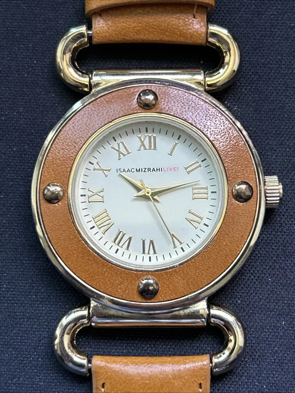 Isaac Mizrahi Live Gold Tone Leather Bezel And Band Women’s Quartz Watch